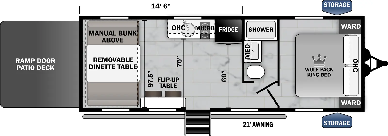 The 24-14.5 has zero slideouts, one entry, and a rear ramp door. Exterior features storage and a 21 foot awning. Interior layout front to back: foot-facing king bed with overhead cabinet and wardrobes on each side; off-door side full bathroom with medicine cabinet; door side entry and flip-up table with seats; off-door side refrigerator, and kitchen counter with sink, cooktop, overhead cabinet, and microwave; rear removable dinette table with manual bunk above. Garage dimensions: 14 foot 6 inches from rear to bathroom wall; 97.5 inches from door side to off-door side; 76 inches from door side to kitchen counter; 69 inches from door side to refrigerator.